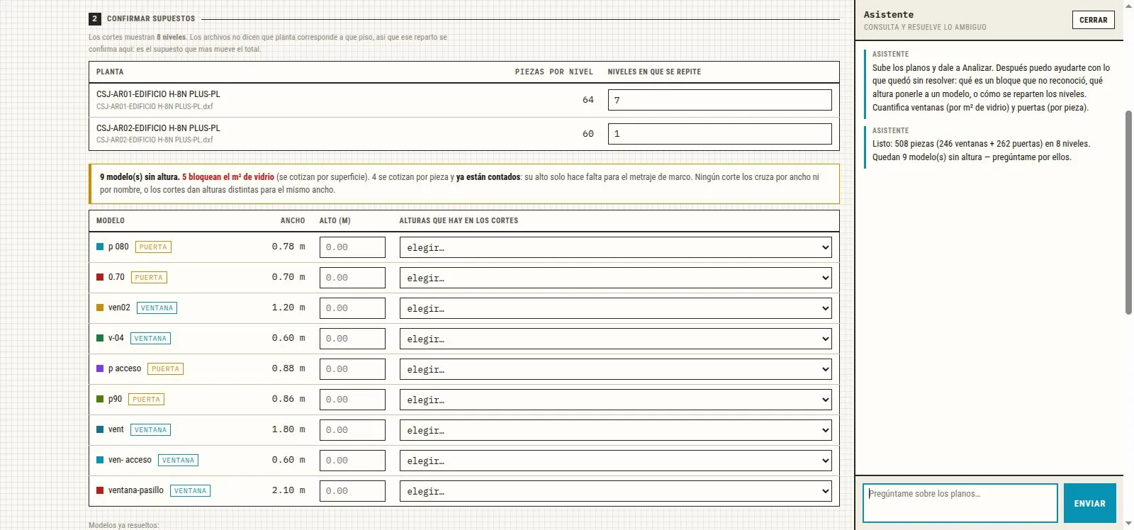 Pantalla 1 de Cotizador en línea de cancelería de aluminio a partir de planos de AutoCAD