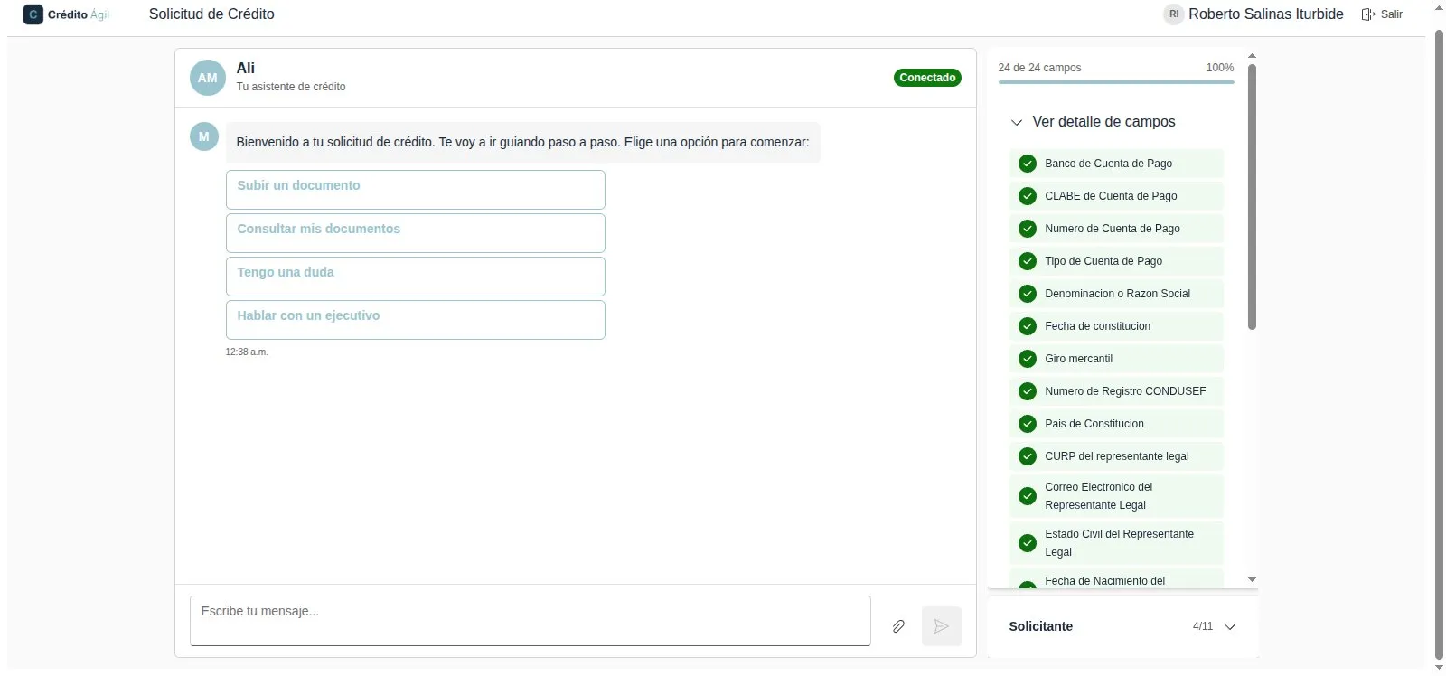 Pantalla 1 de Expediente digital de crédito empresarial con asistente conversacional