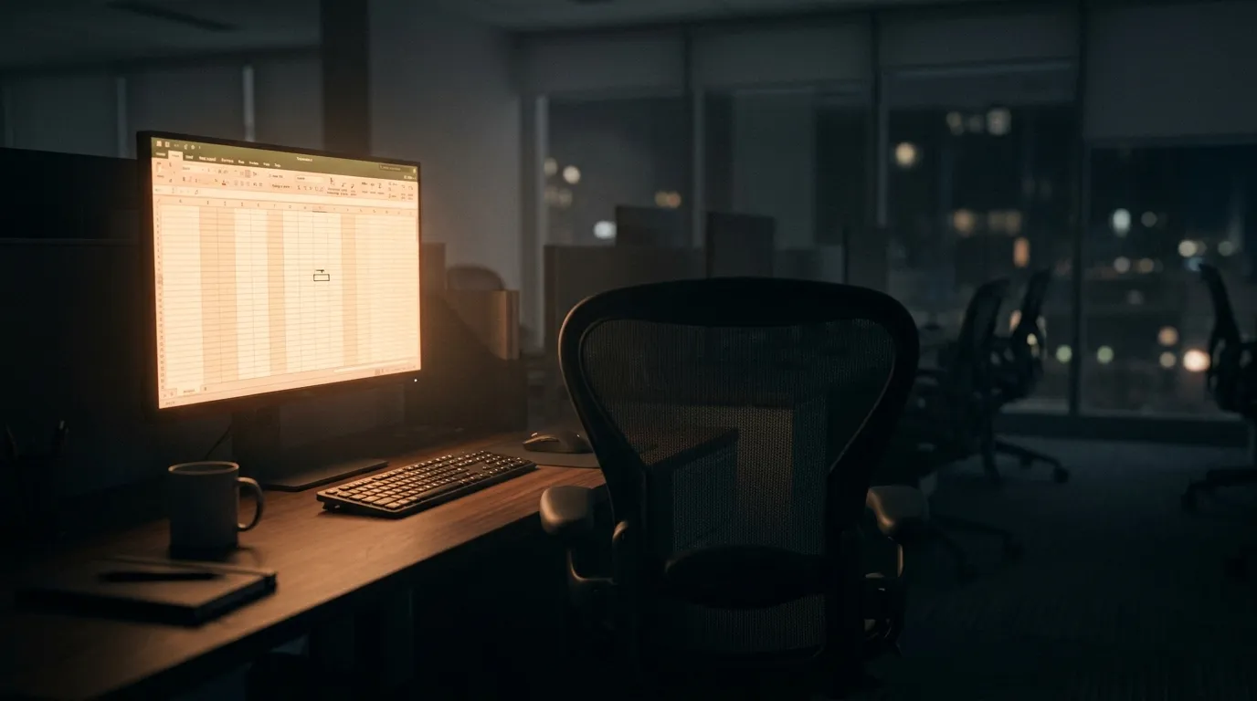 Escritorio de oficina vacío de noche con la pantalla encendida trabajando sola en una hoja de cálculo