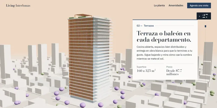 Proyecto: Página web inmobiliaria con recorrido 3D: la torre se construye al hacer scroll (Página web inmobiliaria en 3D · Addara · Living Interlomas)