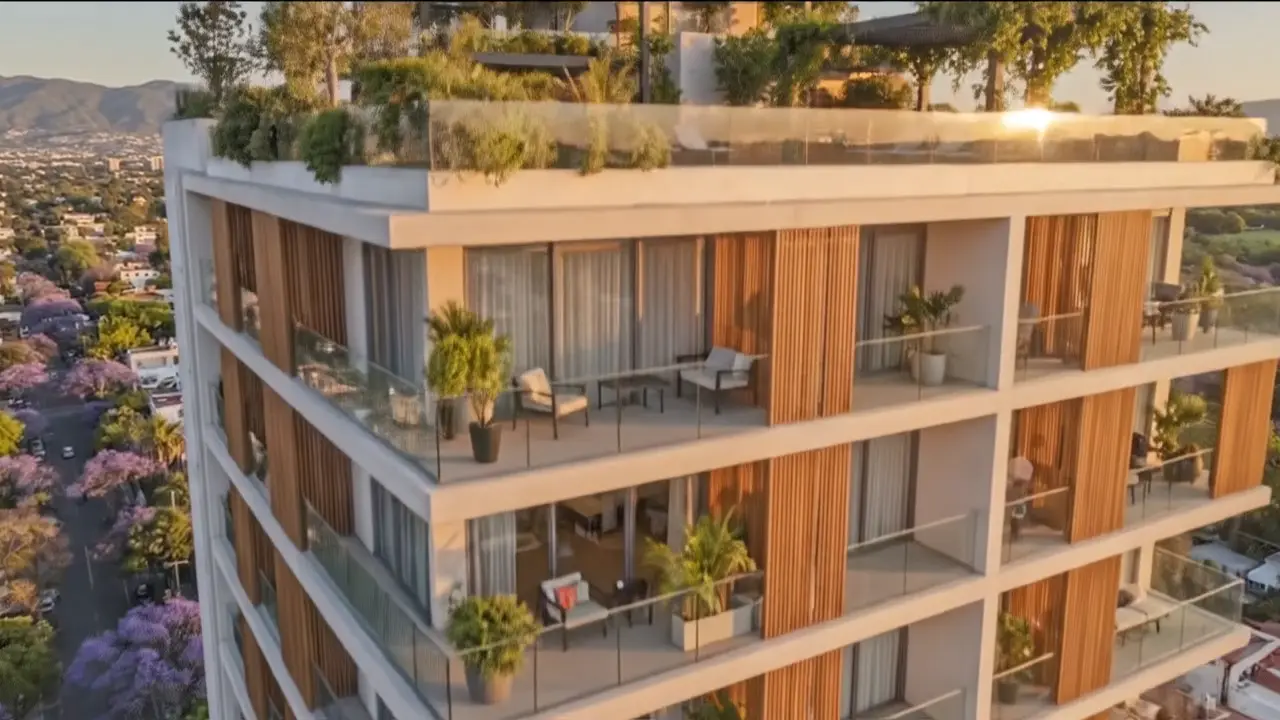 Fachada de madera y concreto con terrazas